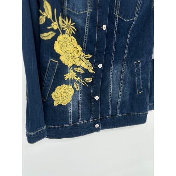 Lularoe Jean Jacket Women Medium Boho Gold Embroidery Flowers Dark Denim Pockets - Picture 4 of 10